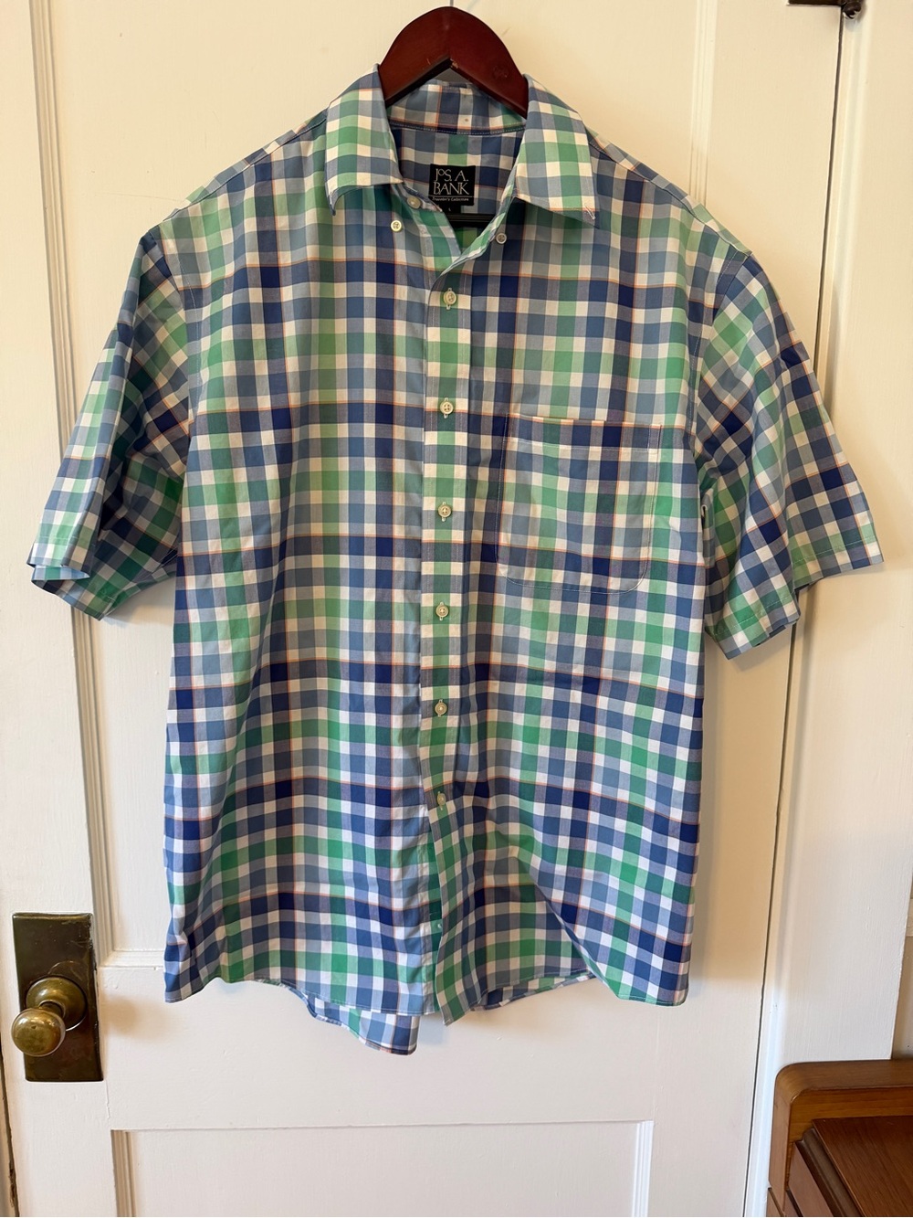 Jos A Bank Button Up Men’s Blue Plaid Cotton Collar Short Sleeve Dad Casual Sz L